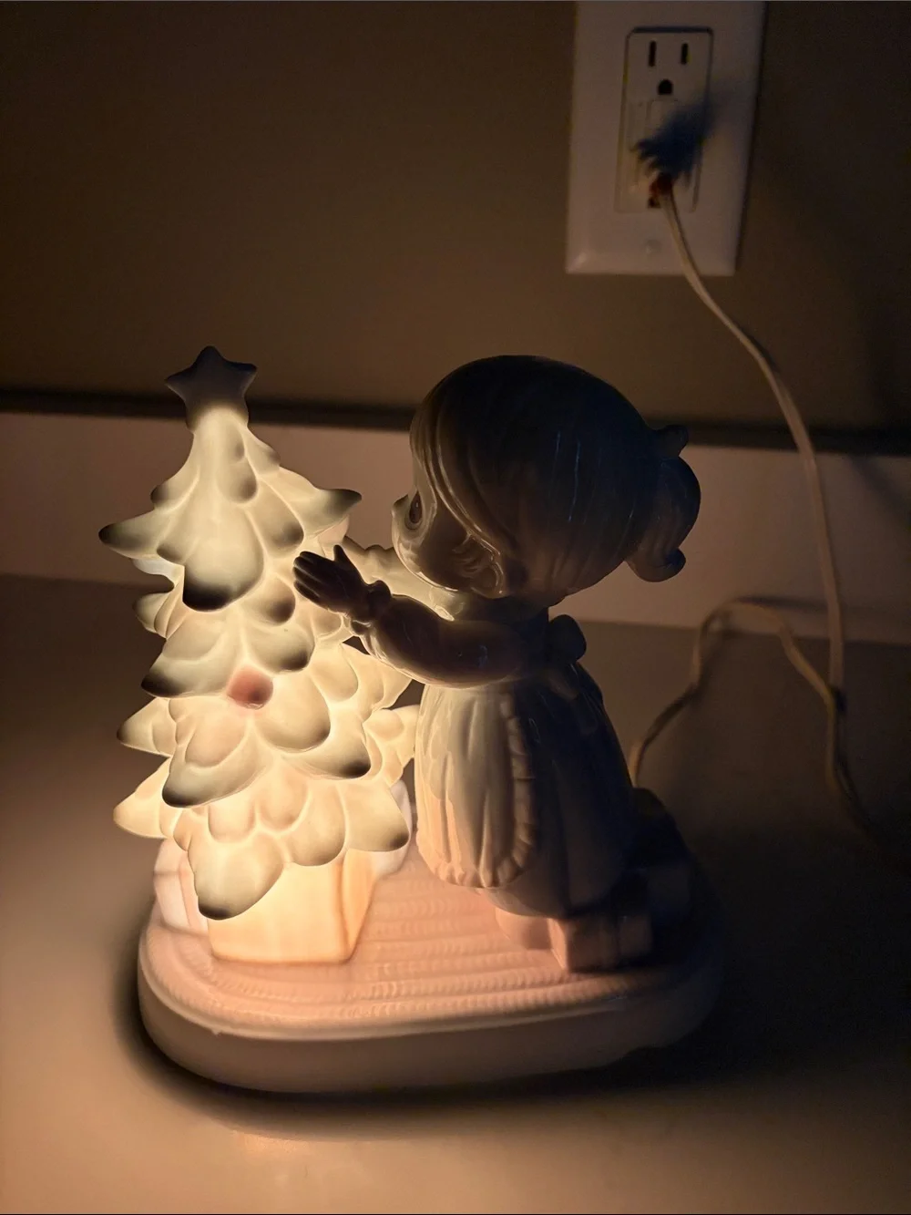 Precious Moments White Porcelain Girl with Christmas Tree Nightlight
